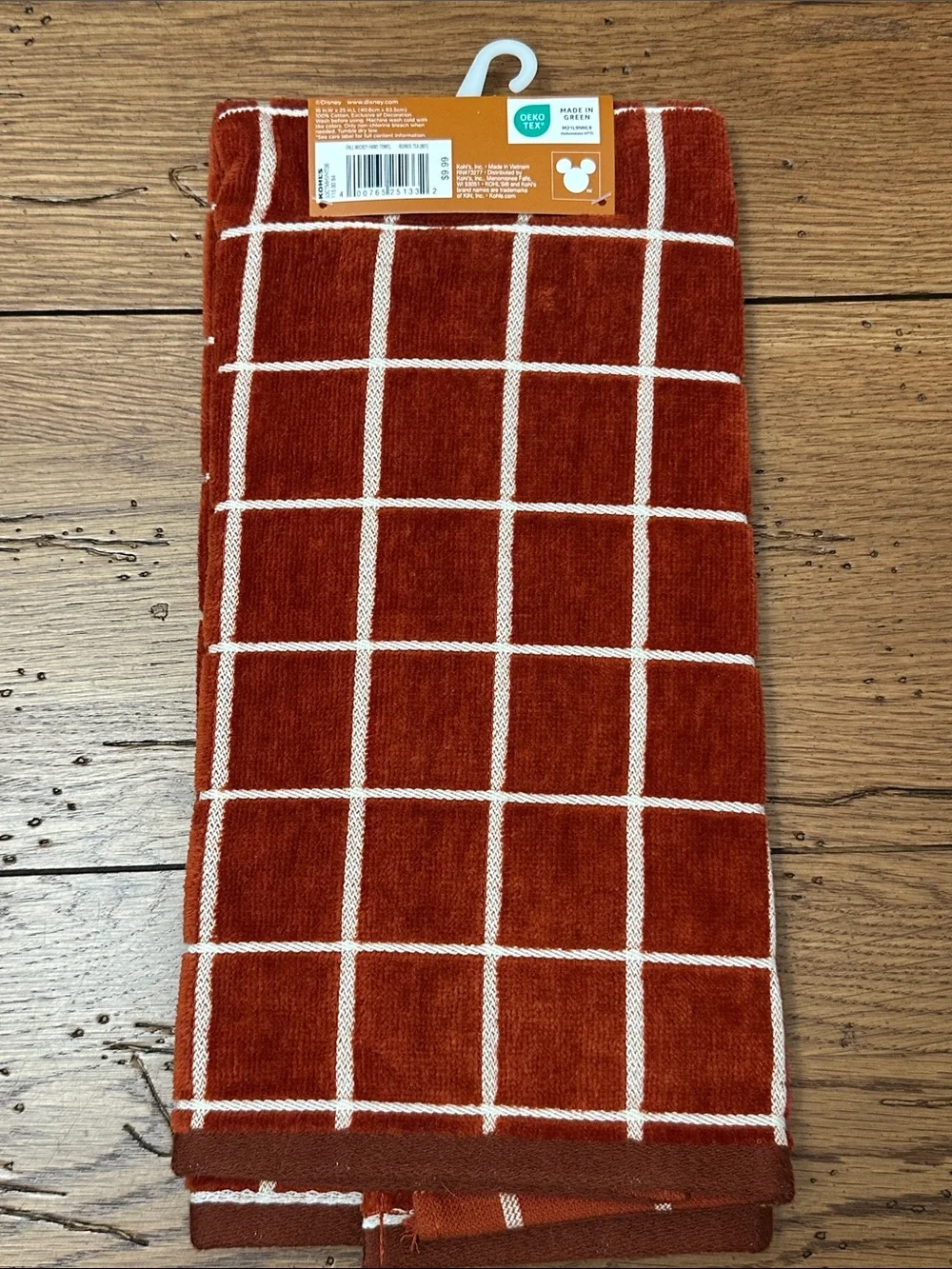 Disney Rust and White Grid Fall Hand Towel with Leaf Mickey
